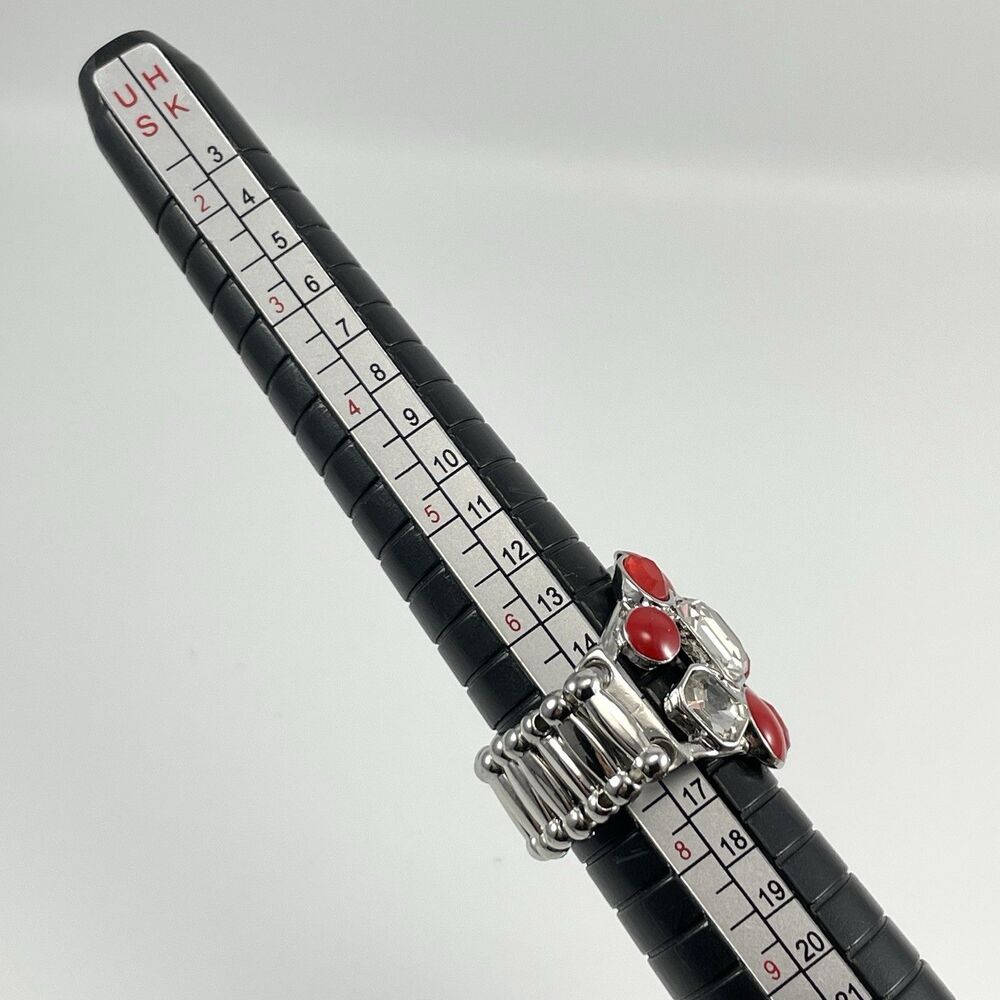Silver Tone Red White Rhinestone Cluster Cocktail Ring Stretch Statement - Picture 7 of 7